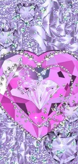 Sparkling pink heart and gem on floral lavender background.