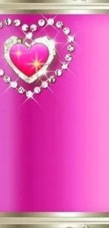 Sparkling pink heart with diamonds on a vibrant pink background.