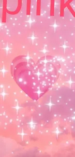 Pink heart wallpaper with sparkles and stars.