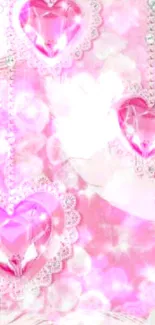 Sparkling pink heart wallpaper with gems and lace details.