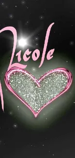 Pink heart with name on black wallpaper background.