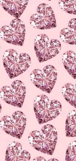 Sparkling pink diamond-shaped hearts on a light pink background wallpaper.