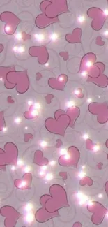 Mobile wallpaper with pink hearts and sparkles.