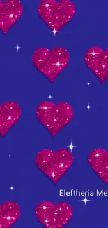 Sparkling pink hearts on a blue background for mobile wallpaper.