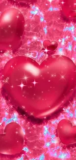 Sparkling pink hearts on a vibrant background.