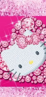 Cute Hello Cat with pink sparkling gemstones on a vibrant background.