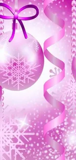 Pink wallpaper with ornaments, ribbons, and snowflakes.