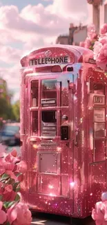 Sparkling pink phone booth surrounded by flowers and a dreamy cityscape.