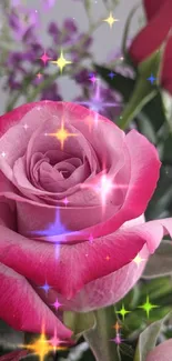 Sparkling pink rose with colorful lights and greenery background.