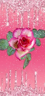 Pink rose with green leaves on sparkling glitter background.