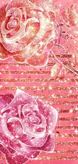 Sparkling pink roses with gold glitter on mobile wallpaper.