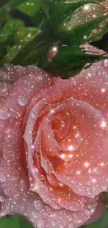 Glittering pink rose with dewdrops wallpaper