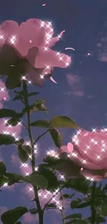 Sparkling pink roses under a serene sky.