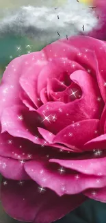 Pink rose with sparkling stars and a dreamy cloud above.