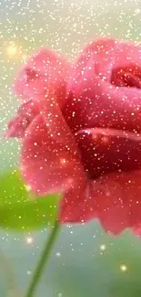 Mobile wallpaper featuring a sparkling pink rose with green leaves.