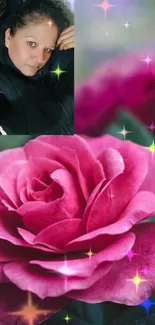 A vibrant pink rose with sparkling stars in a mobile wallpaper.