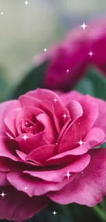 Sparkling pink rose with green leaves as a mobile wallpaper.