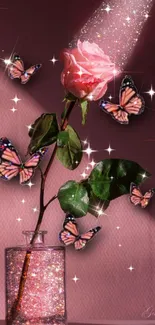 Pink rose in vase with butterflies and sparkles, creating a whimsical atmosphere.