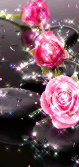 Sparkling pink roses with black stones.