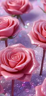 Sparkling pink roses on a lavender background with glittering details.