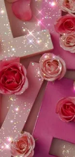 Sparkling pink roses and letters create a romantic mobile wallpaper.