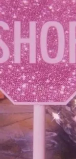 Sparkling pink shop sign with glitter, ideal for chic mobile wallpaper.