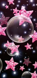 Mobile wallpaper with pink sparkling stars on a black background.