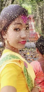 Woman in traditional attire with gold sparkles and serene nature background.