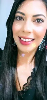 Smiling woman with sparkling stars on a light pink background.