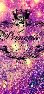 Sparkling purple wallpaper with princess crown and glitter.