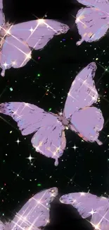 Purple butterflies sparkle on a dark background.