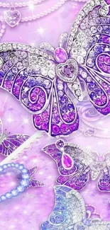 Intricately designed purple butterfly with jewels on a lavender background.