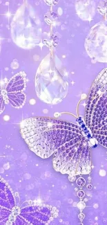 Purple butterflies with crystals sparkling elegantly on a decorative wallpaper.