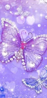 Purple butterfly wallpaper with sparkling jewels and floral accents.