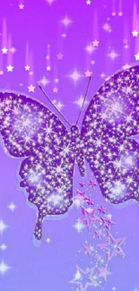 Sparkling purple butterfly with stars on a vibrant background.