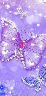 Purple butterfly wallpaper with crystals and floral accents.