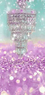 Sparkling purple chandelier with crystals on mobile wallpaper.