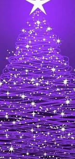 Purple Christmas tree with sparkling lights and a star on top.