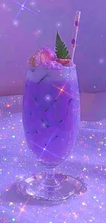 Sparkling purple drink with colorful shimmering lights in a luxurious setting.