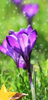 Sparkling purple flowers in sunlight with star effects on green grass.