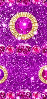 A dazzling purple gem wallpaper with gold accents and glitter.