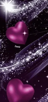 Purple hearts mobile wallpaper with sparkling stars.