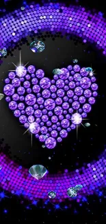 Purple heart with sparkling lights on a black background.