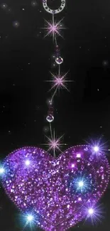 Glittering purple heart and stars on a black background.