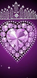 Purple heart and crown wallpaper with sparkling jewels.