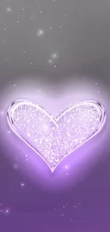 Glittering purple heart on gradient background.