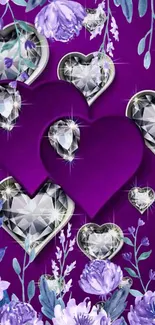 Purple wallpaper with diamond hearts and floral accents.