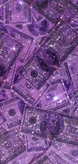 Purple glitter wallpaper with dollar bills, stylish and luxurious design.