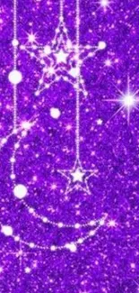 Sparkling purple night sky wallpaper with stars and crescent moon.