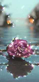 Sparkling purple rose reflected on water.